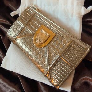 DIOR Gold Diorama Cannage Bifold Compact Card Coin Wallet Like New Condition
